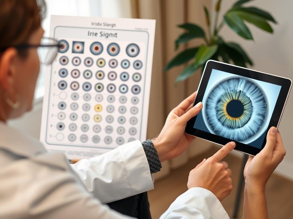 An iridologist explaining iris signs to a patient using educational materials