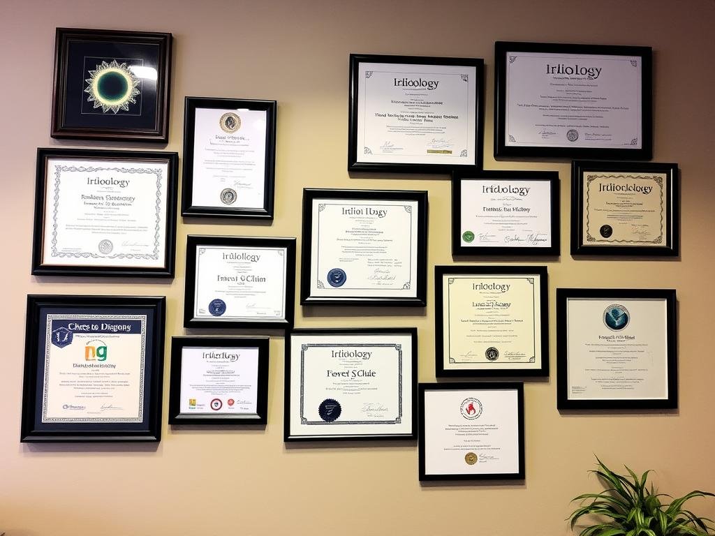 An iridologist's certification and credentials displayed in their office