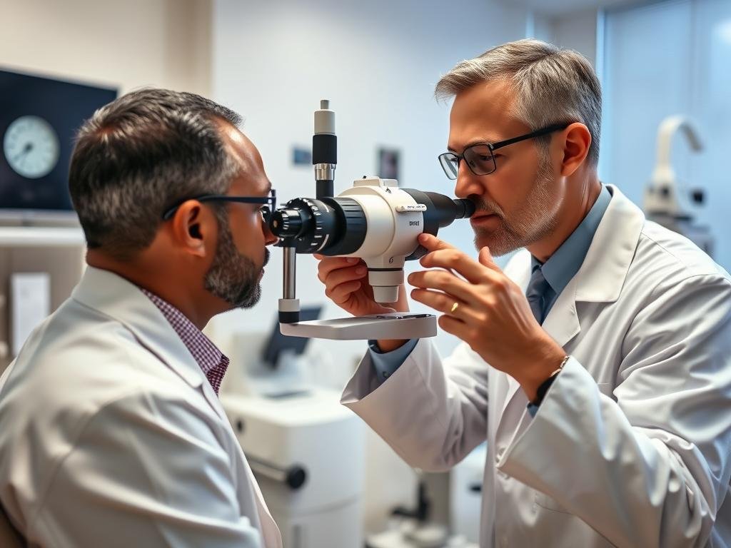 An ophthalmologist examining a patient's iris with specialized equipment An ophthalmologist examining a patient's iris with specialized equipment