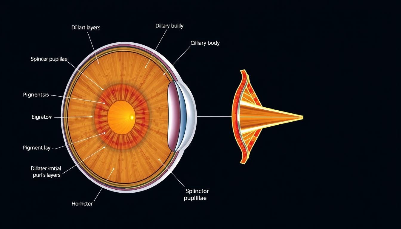 Anatomical diagram of the iris medical term showing muscles and layers