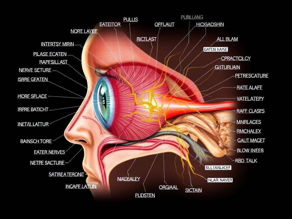 Anatomical diagram showing eye structure and nervous system connections Anatomical diagram showing eye structure and nervous system connections