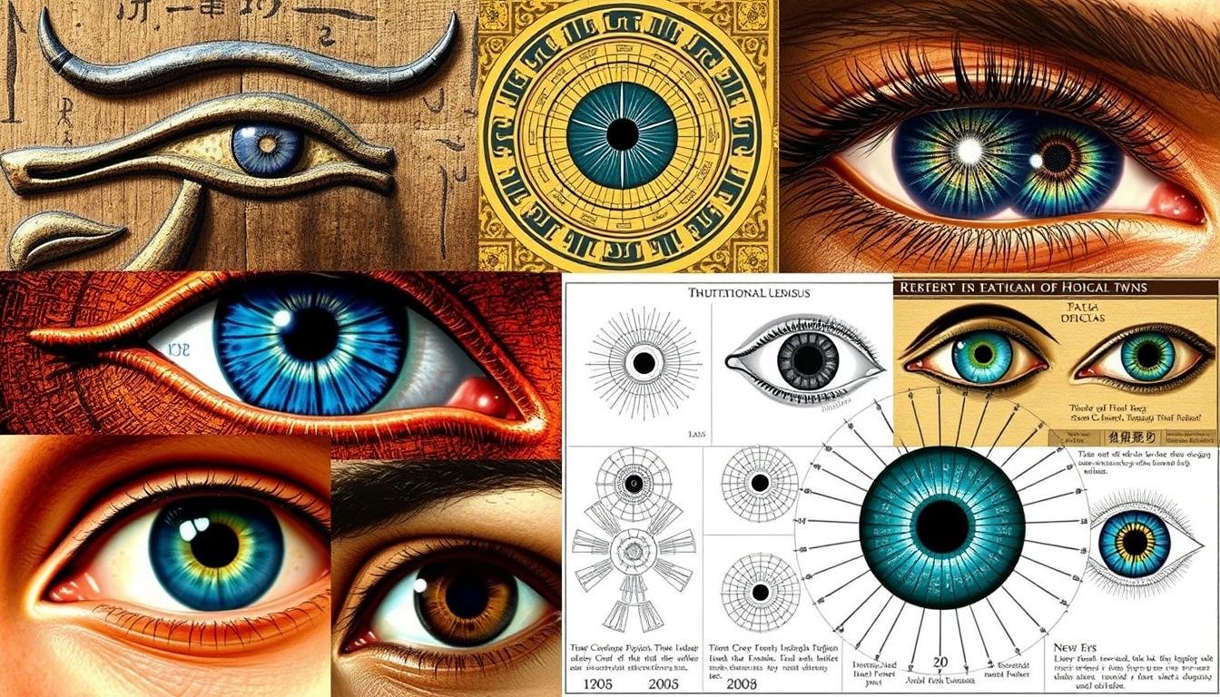 Ancient artwork depicting the significance of eyes and iris patterns in historical culture