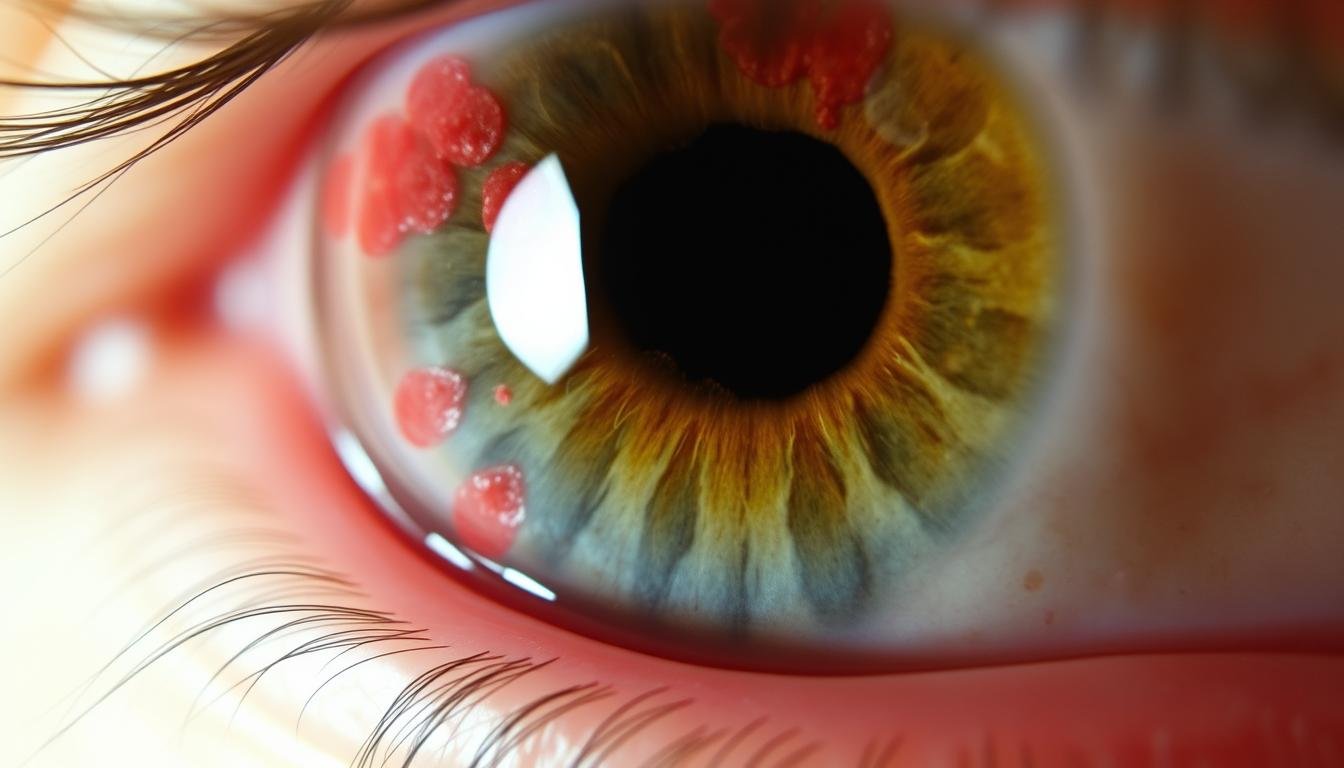 Clinical image showing iritis (inflammation of the iris medical term) with visible redness and irregular pupil Clinical image showing iritis (inflammation of the iris medical term) with visible redness and irregular pupil
