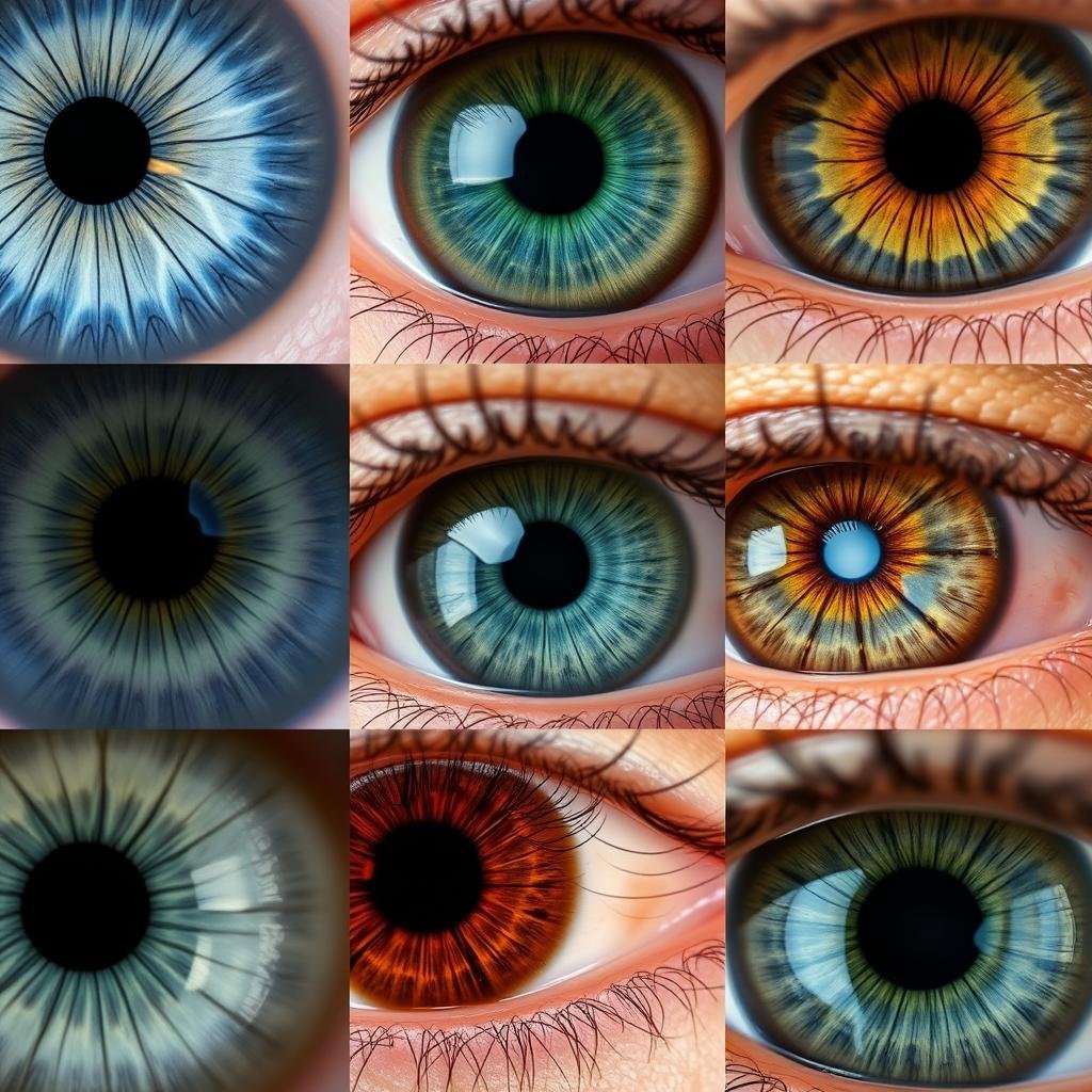 Close-up images of different colored irises showing unique patterns