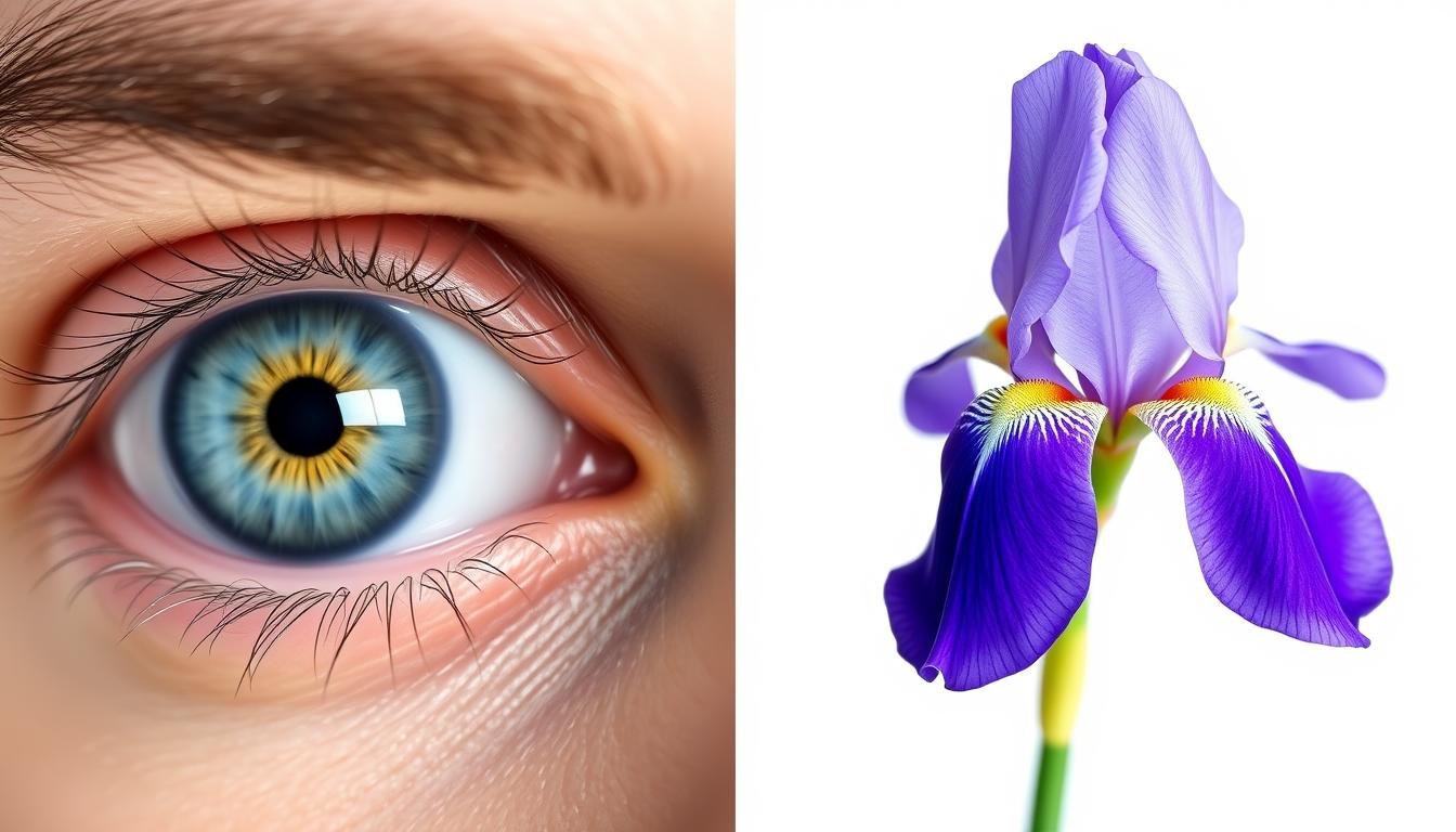 Close-up of a human eye iris next to a purple iris flower, illustrating the dual meaning of iris doctor