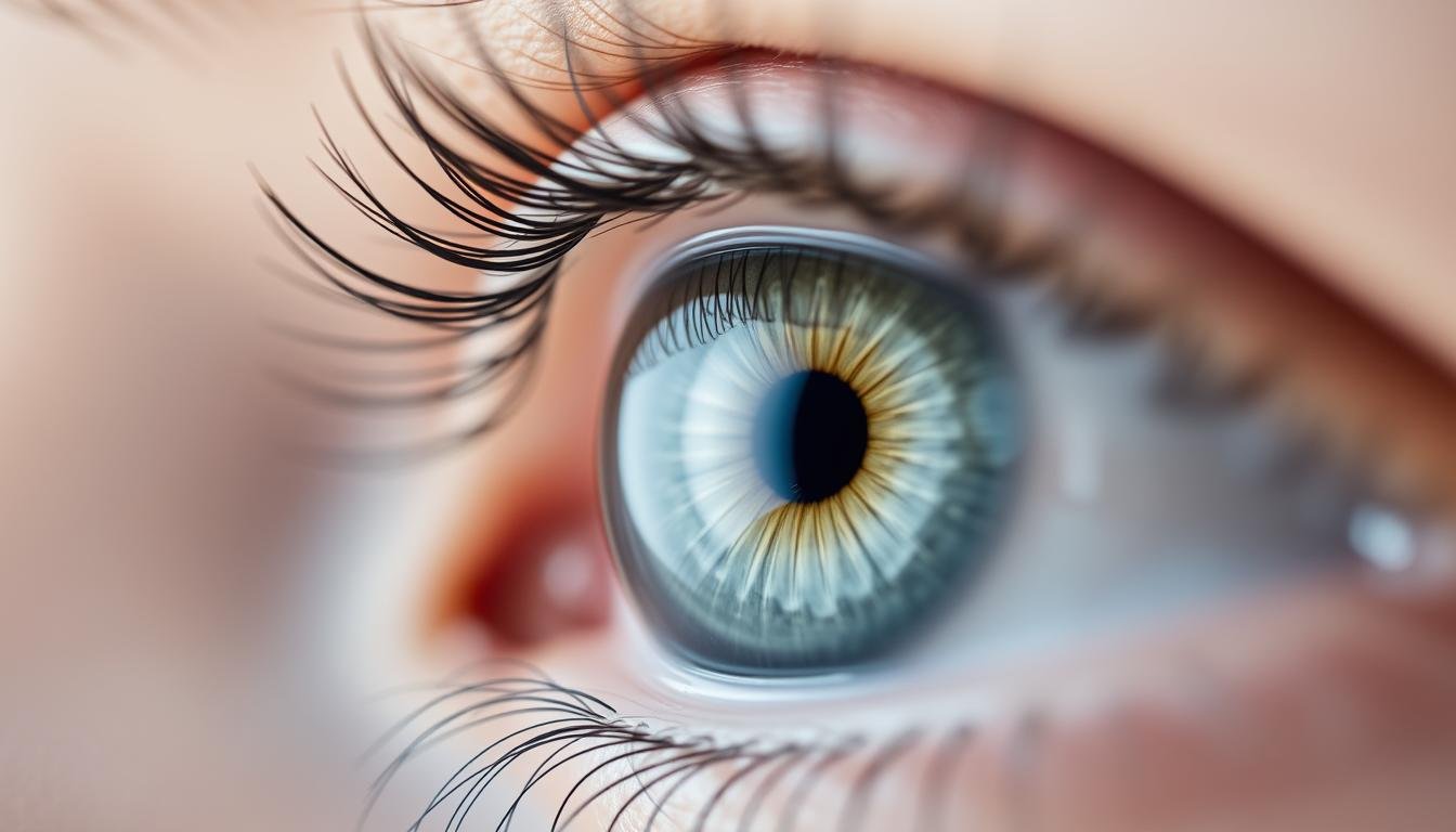 Close-up of a human eye with a white iris against a dark background