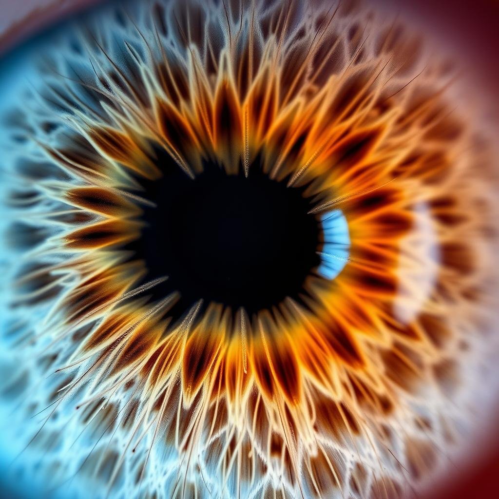 Close-up of a human iris showing detailed fiber structures and color patterns