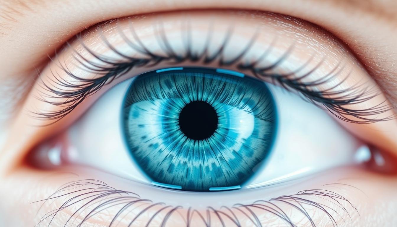 Close-up of a human iris showing its intricate patterns used in Medical Iris technology