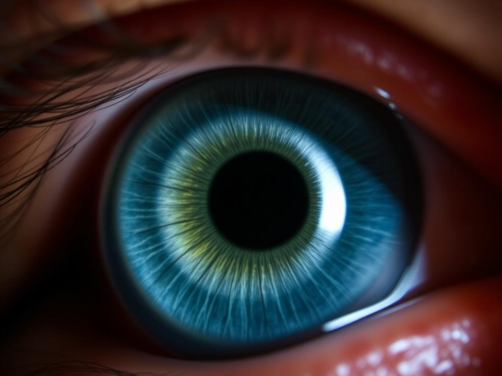 Close-up of an eye showing arcus senilis with its characteristic white ring around the cornea