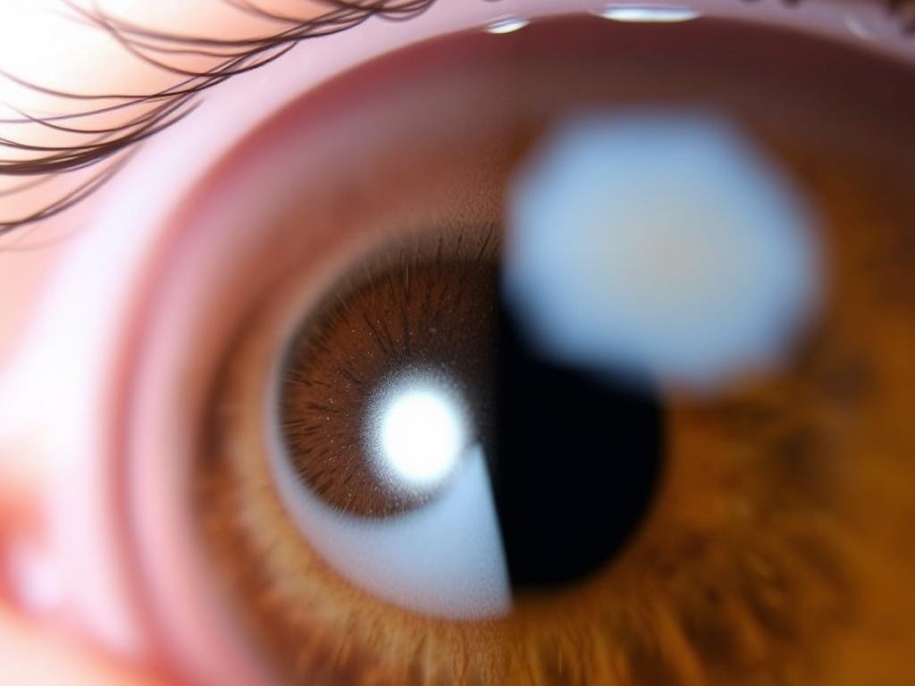 Close-up of an eye with an iris nevus showing a pigmented spot on the iris