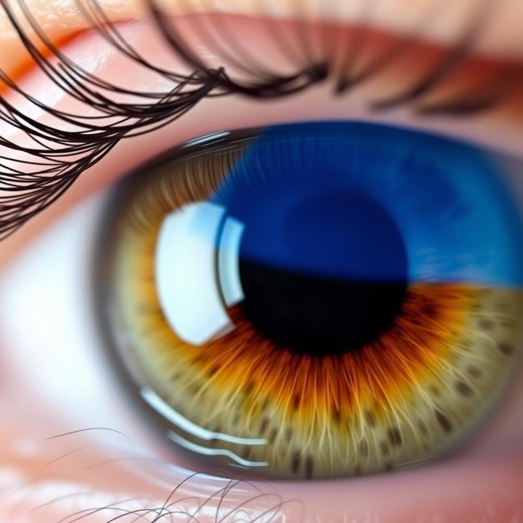 Close-up of an eye with heterochromia showing two different colored sections of the iris Close-up of an eye with heterochromia showing two different colored sections of the iris