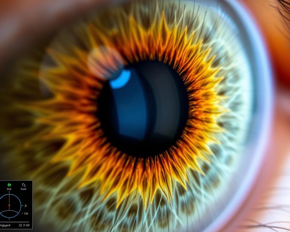 Close-up of an iris being analyzed with digital iridology equipment