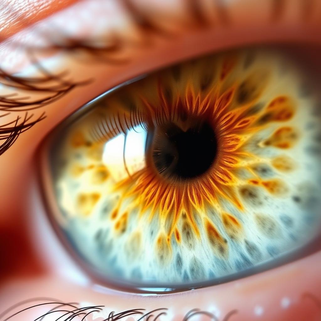 Close-up of an iris showing signs that iridologists associate with liver function