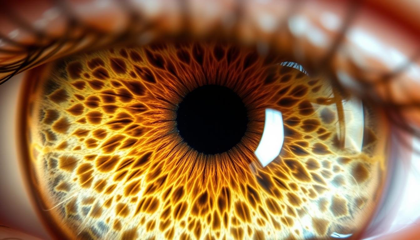Close-up of human iris patterns showing unique structures and features