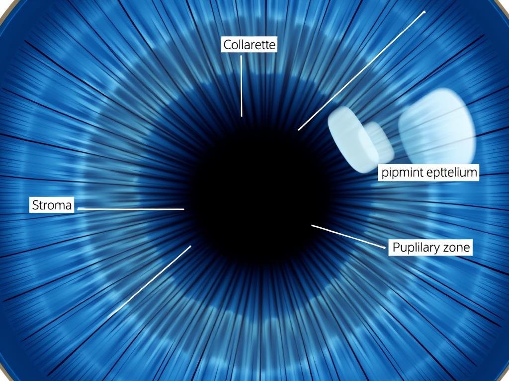Close-up of iris (medical term) showing detailed structure with collarette, stroma, and pupillary zone Close-up of iris (medical term) showing detailed structure with collarette, stroma, and pupillary zone