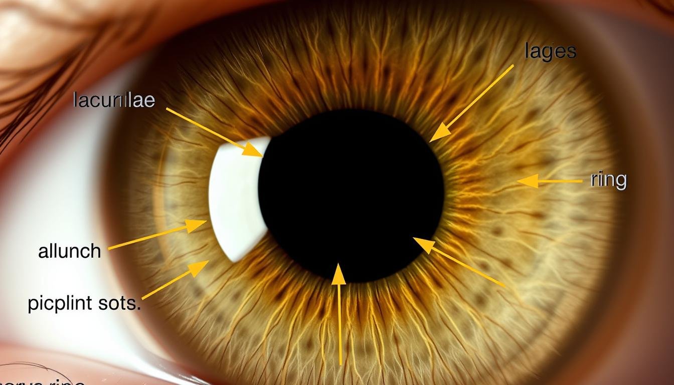 Close-up of iris showing various markings with iridology interpretations