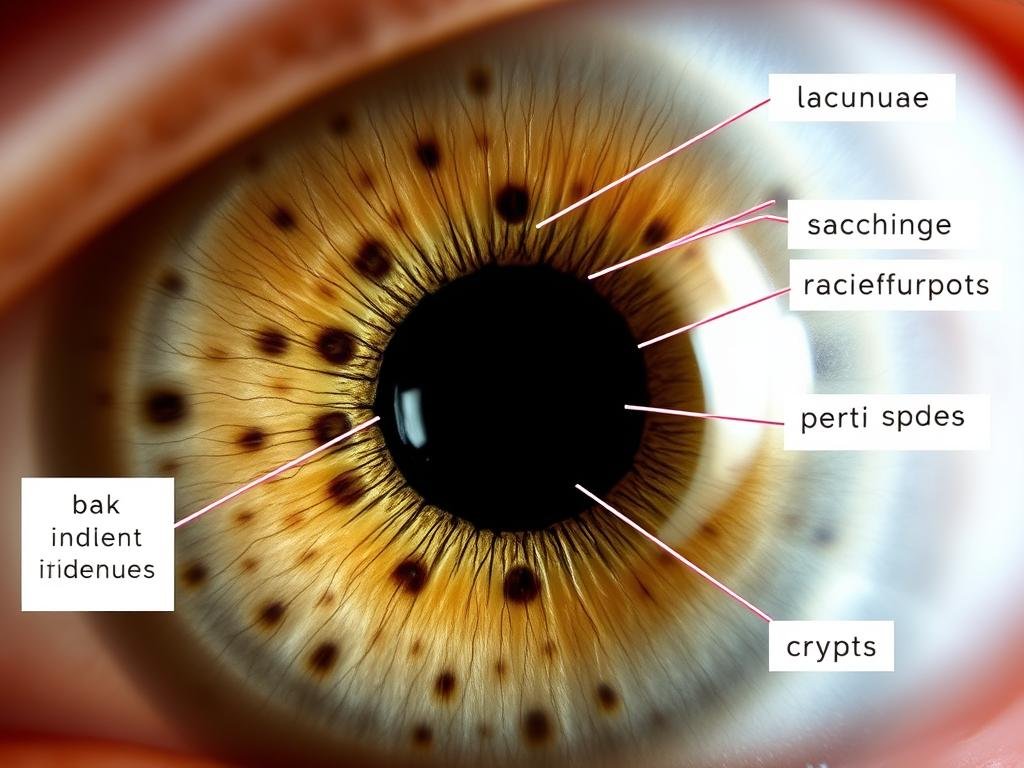 Close-up of left iris showing common iridology markings including lacunae and pigmentation