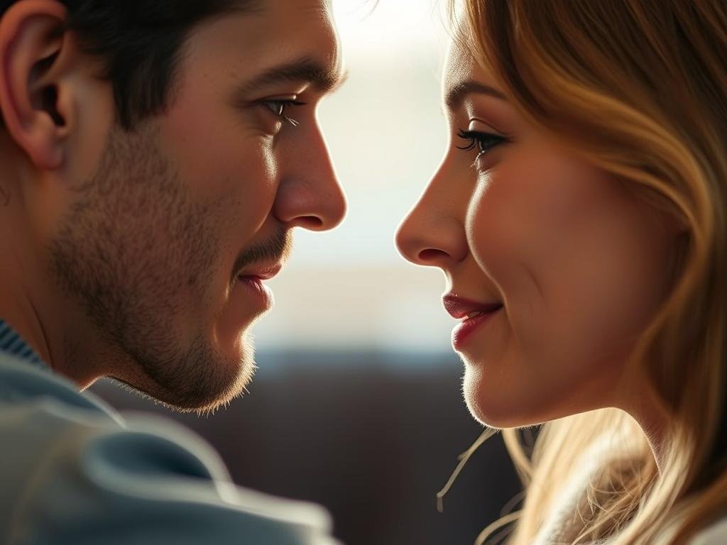 Close-up of people making eye contact during a personal conversation Close-up of people making eye contact during a personal conversation