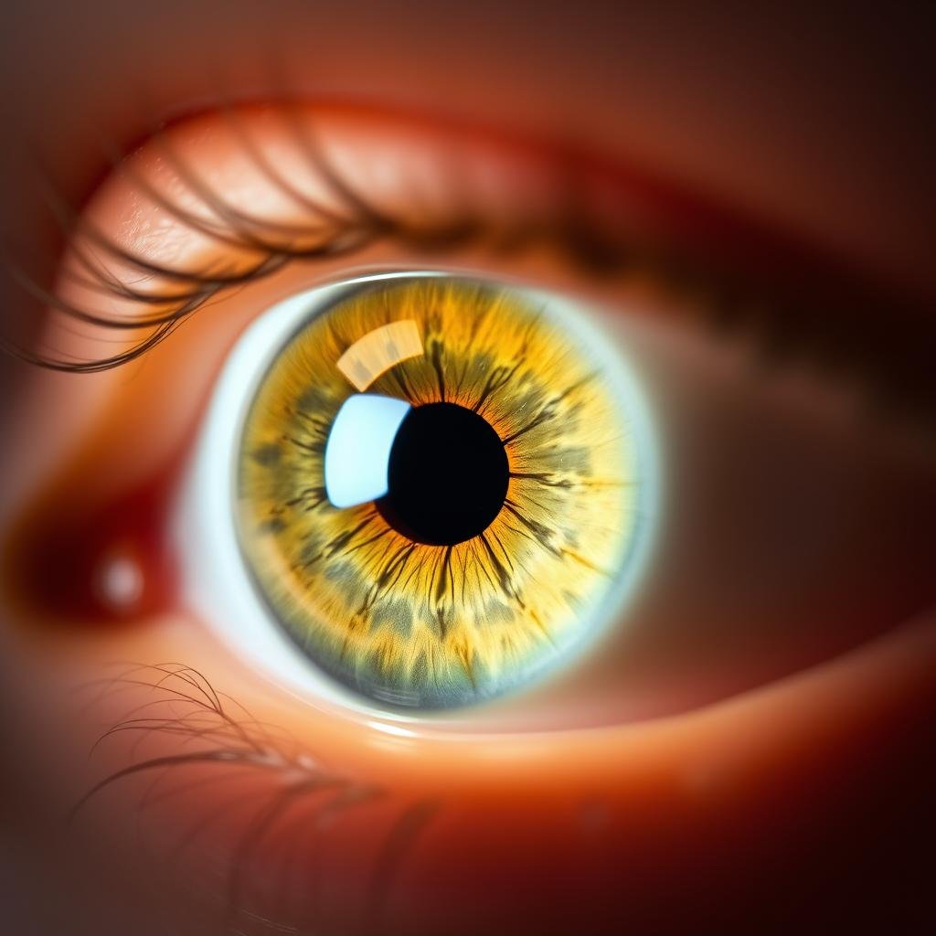Close-up of right eye iris showing color variations in different zones related to iridology eye chart right eye analysis