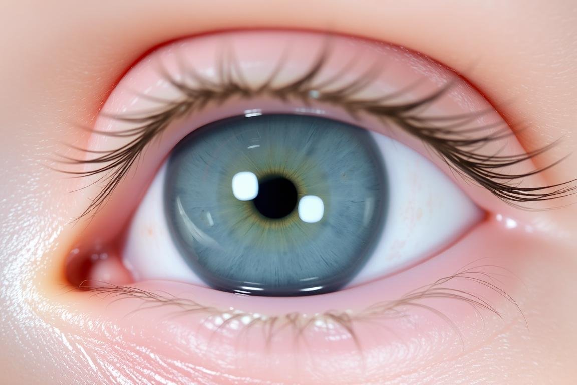 Close-up photograph of an eye with ocular albinism showing a very light-colored iris