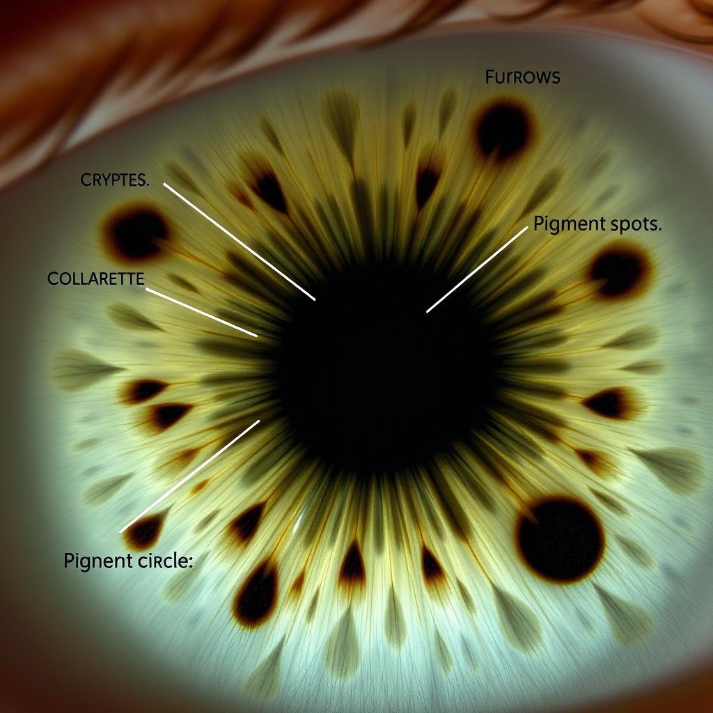 Close-up photograph of human iris showing eye patterns including crypts, furrows, and collarette