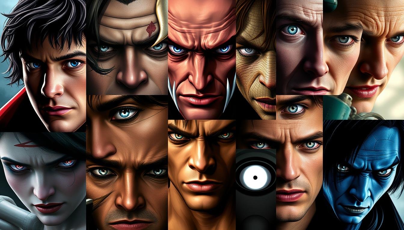 Collage of fictional characters from film and literature depicted with white eyes