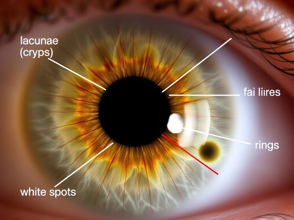 Common iris markings in iridology with labels showing different types of features