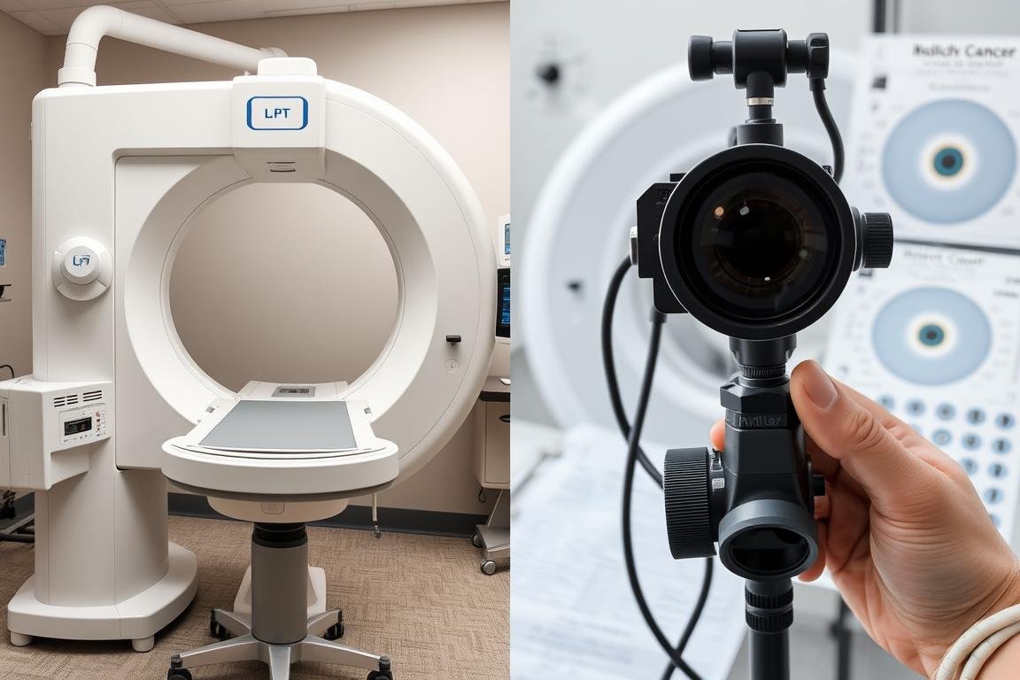 Comparison of conventional cancer screening equipment versus iridology tools showing technological differences