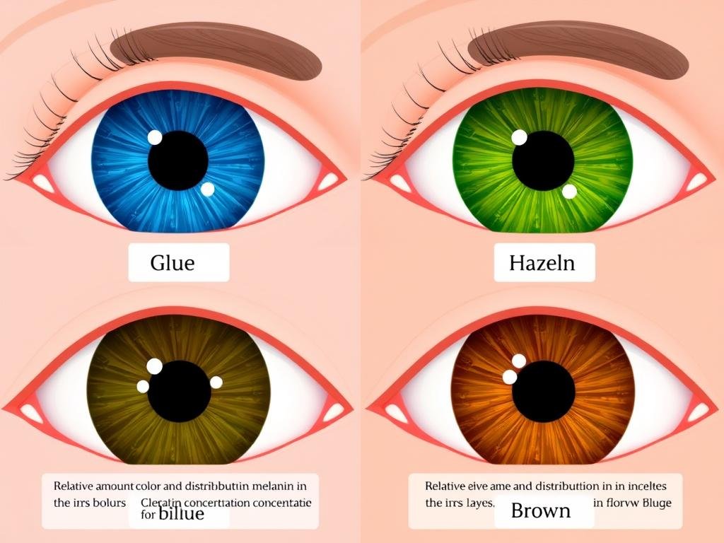 Comparison of different iris colors showing melanin distribution in eye patterns Comparison of different iris colors showing melanin distribution in eye patterns