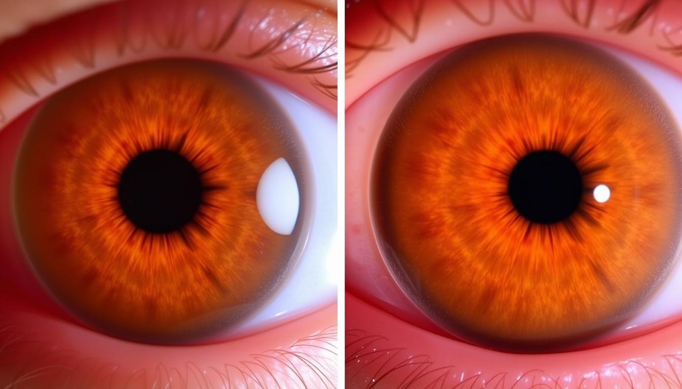 Comparison of healthy iris medical term versus one with iritis showing inflammation