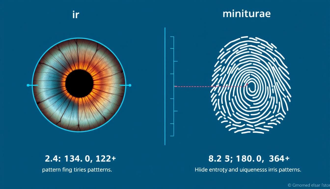 Comparison of iris pattern uniqueness versus fingerprints showing eye patterns in iris Comparison of iris pattern uniqueness versus fingerprints showing eye patterns in iris