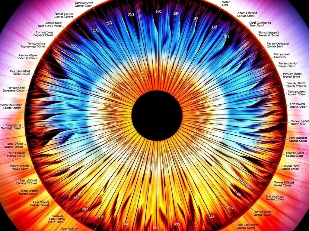Detailed iridology chart showing how different parts of the iris correspond to body organs and systems