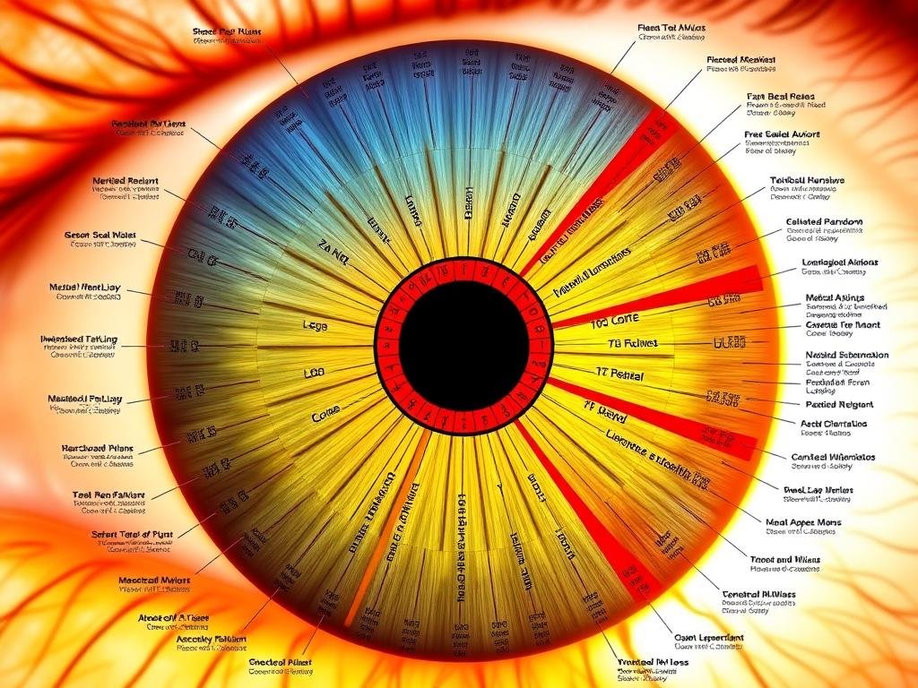Detailed iridology chart showing iris zones mapped to body organs and systems