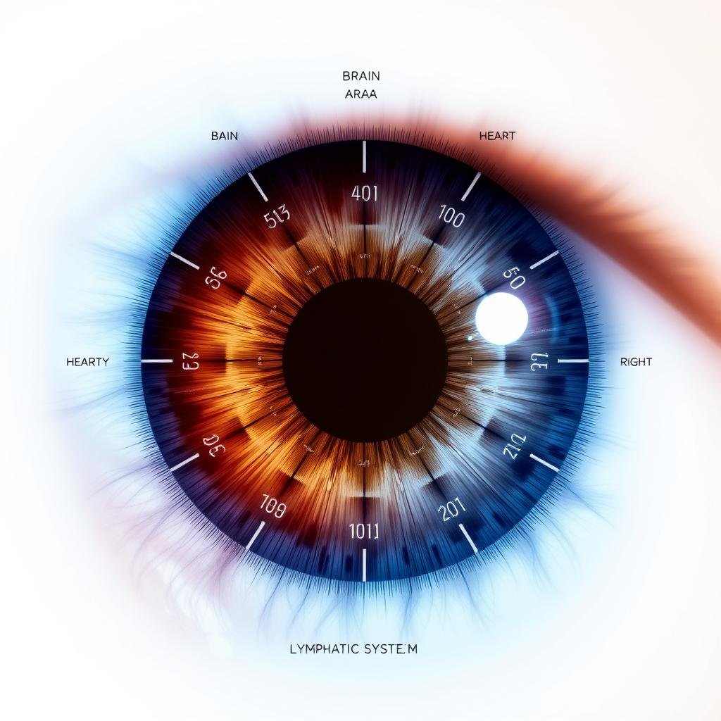 Detailed iridology map left eye showing all zones and corresponding body systems