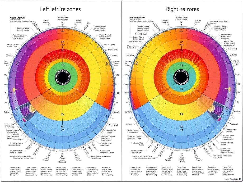 Detailed iris chart showing organ correspondences for both left and right iris