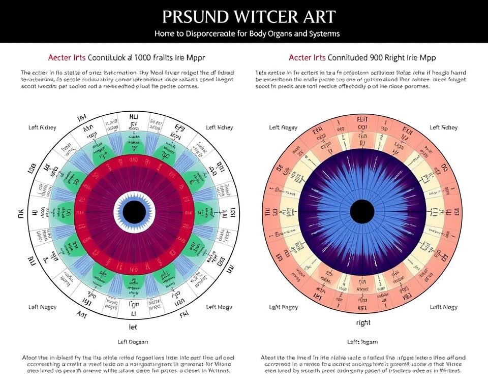 Detailed irisology chart showing how different sections of the iris correspond to various body organs and systems Detailed irisology chart showing how different sections of the iris correspond to various body organs and systems