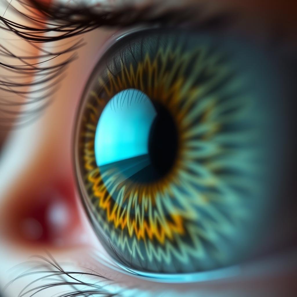 Detailed view of right eye iris fibers showing structural patterns used in iridology chart analysis
