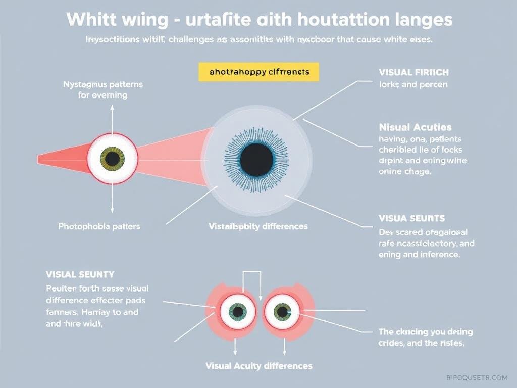 Diagram showing common vision challenges associated with conditions causing white irises