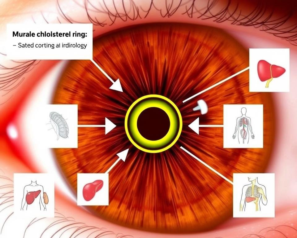 Diagram showing how cholesterol rings in iridology relate to various body systems Diagram showing how cholesterol rings in iridology relate to various body systems