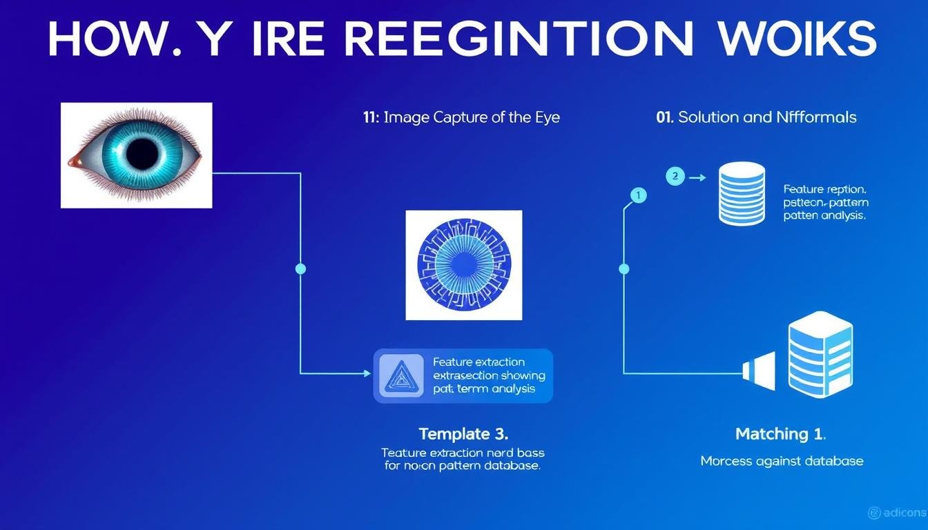 Diagram showing how iris recognition technology works with eye patterns in iris Diagram showing how iris recognition technology works with eye patterns in iris
