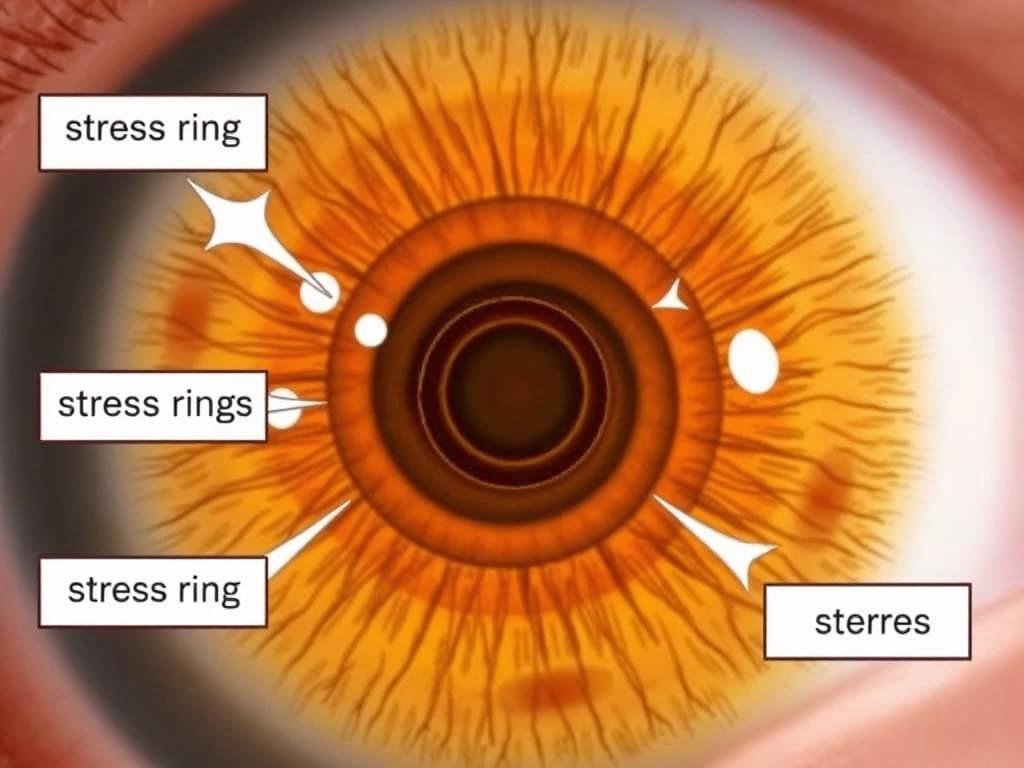 Diagram showing stress rings in iris with labels pointing to specific features and patterns