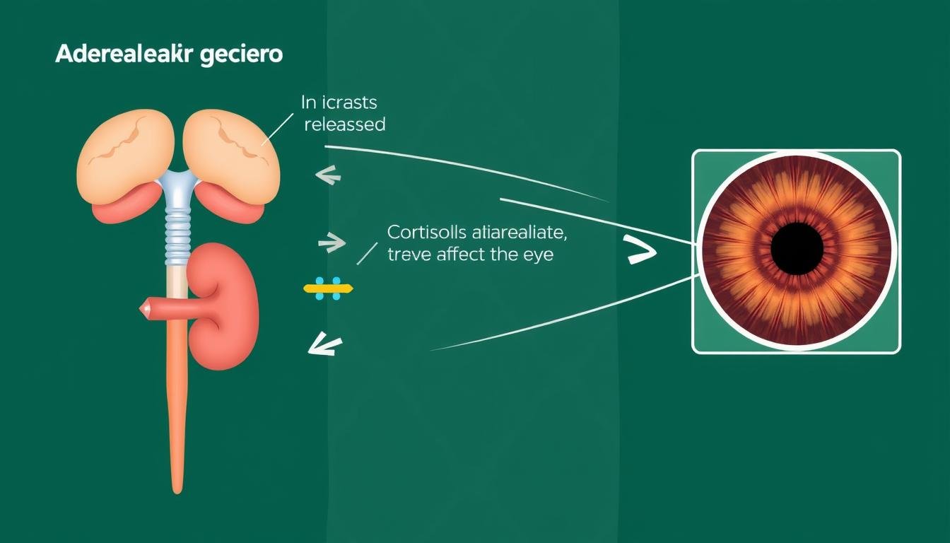 Diagram showing the relationship between adrenal glands, stress hormones, and their effects on the iris