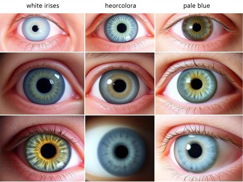 Different types of unusual eye colors including white irises and heterochromia