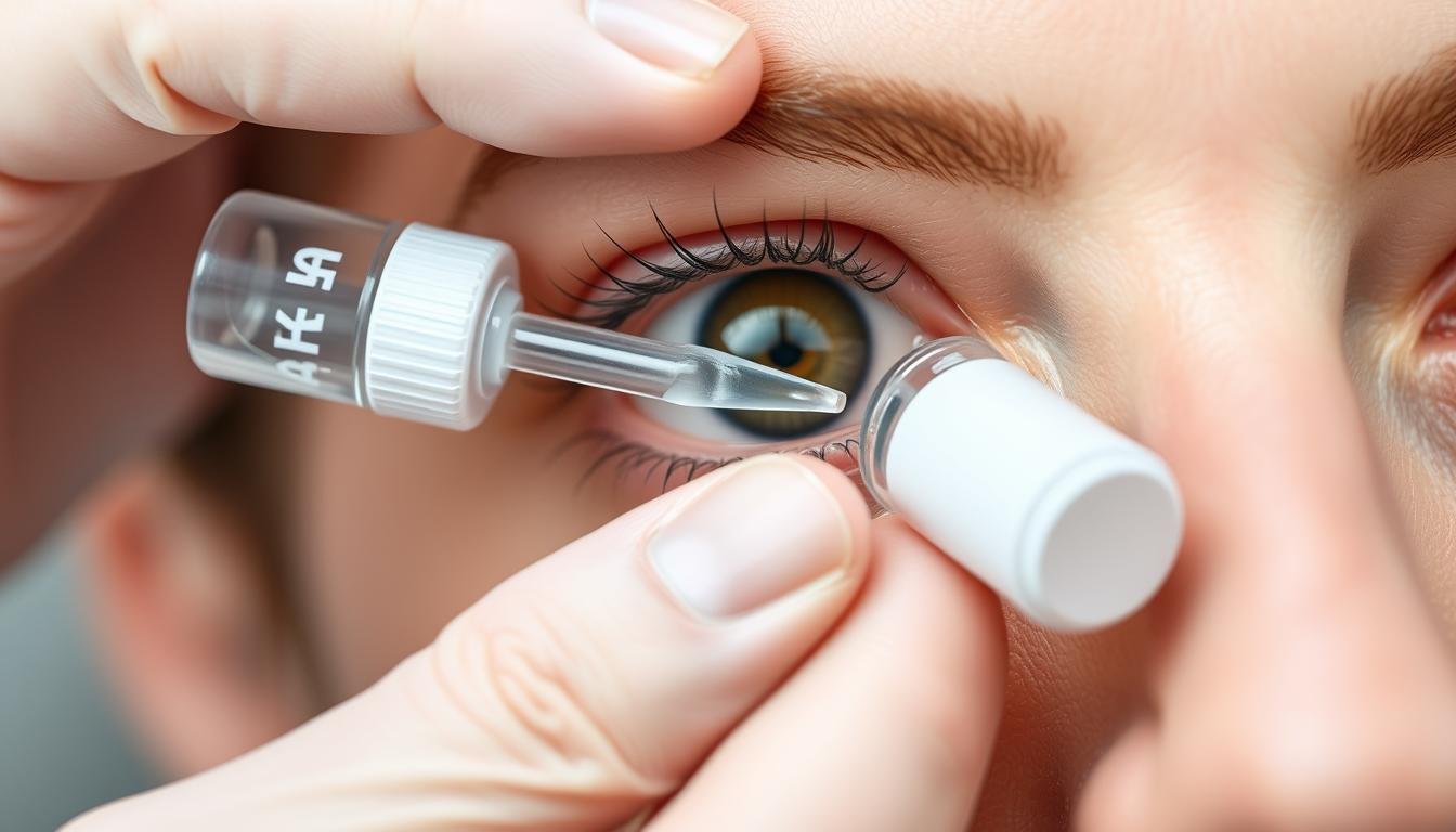 Doctor administering eye drops as treatment for an iris condition Doctor administering eye drops as treatment for an iris condition