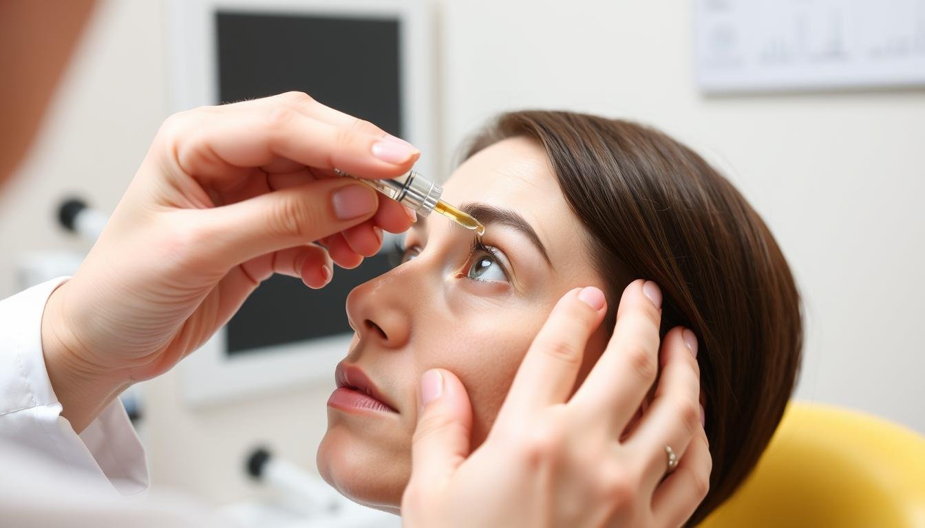 Doctor administering eye drops as treatment for iris inflammation