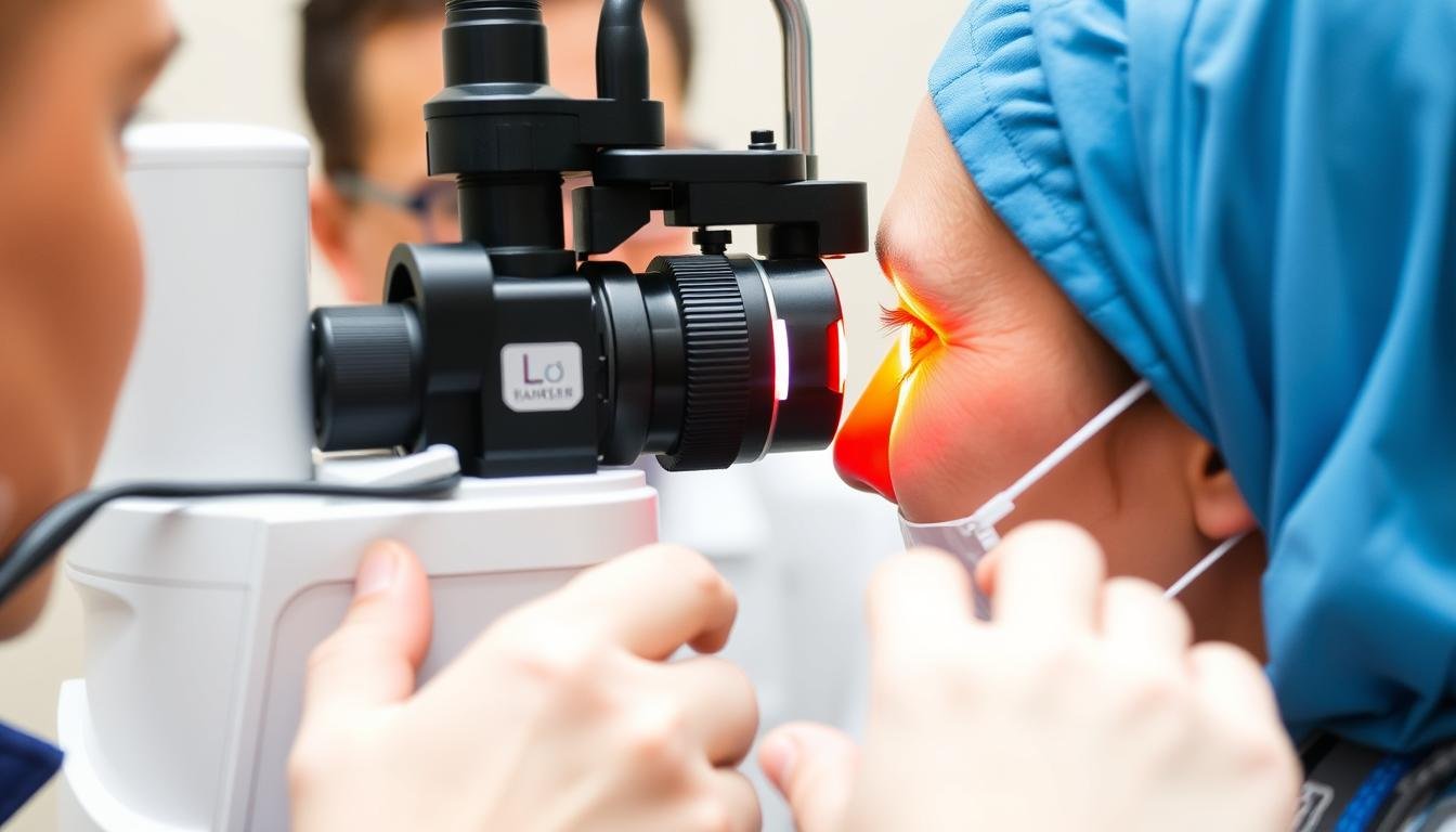 Doctor performing slit-lamp examination of patient's iris medical term