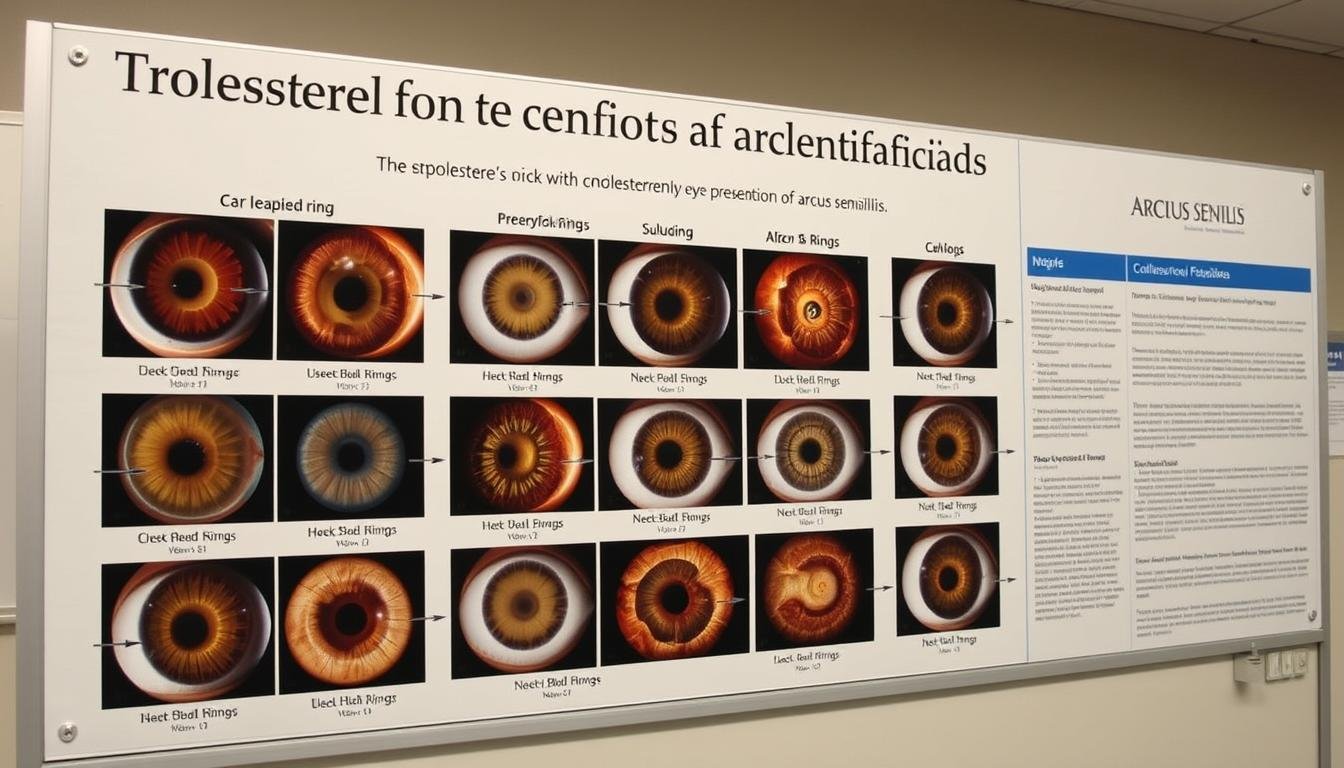 Educational display showing different types of cholesterol rings in iridology Educational display showing different types of cholesterol rings in iridology
