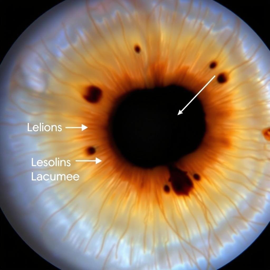 Examples of lesions and lacunae in iris according to Bernard Jensen iridology chart Examples of lesions and lacunae in iris according to Bernard Jensen iridology chart