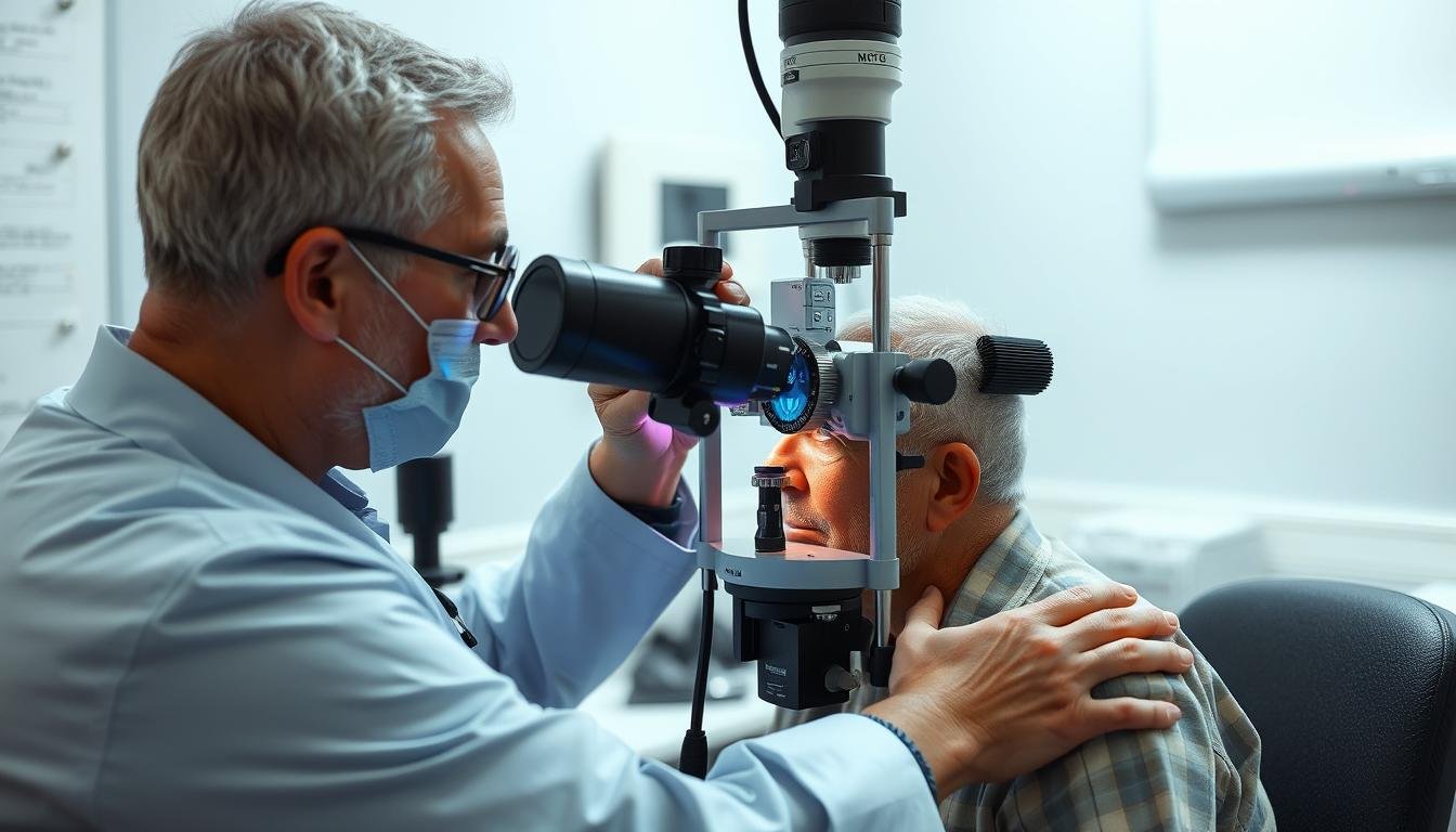 Eye care professional performing a comprehensive eye examination using specialized equipment Eye care professional performing a comprehensive eye examination using specialized equipment