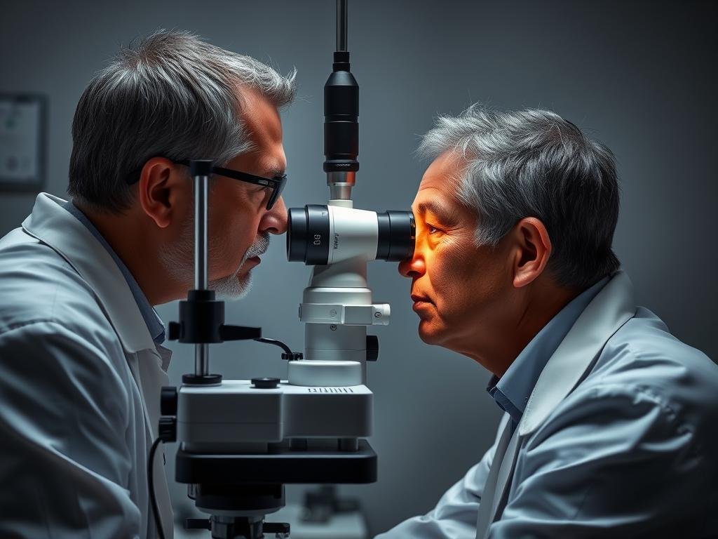 Eye doctor performing a slit-lamp examination to diagnose iris conditions Eye doctor performing a slit-lamp examination to diagnose iris conditions